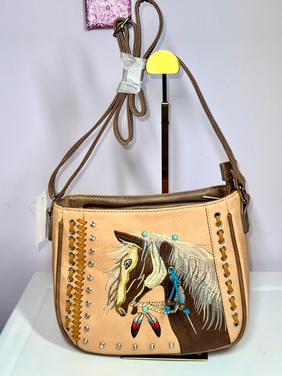 Handbags - Embroidered Horse Cream Crossbody Bag with Decorative Studs